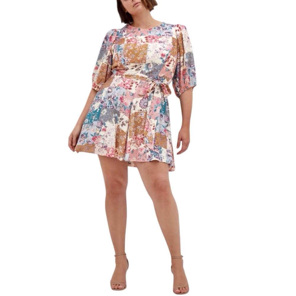 City Chic Floral Patchwork Mini Dress Puff Sleeve Size Medium 18